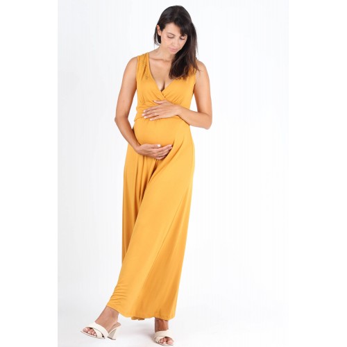 Robe longue de maternité sans manches en jersey - Jaune moutarde - allaitement -Primanata Collection