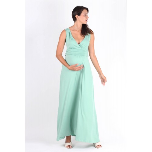 Robe Longue De Maternité Sans Manches En Jersey - Vert - allaitement - Primanata Collection